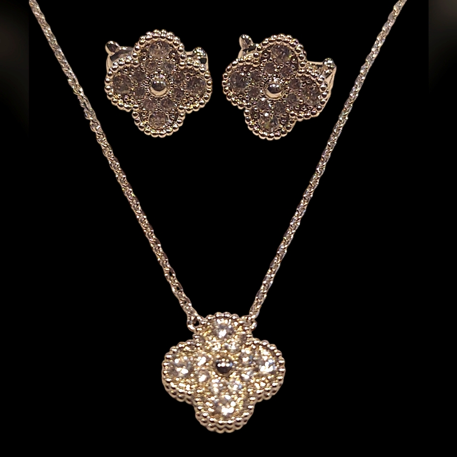 2 Pc Clover Desing Moissanite Stone Necklace And Earrings Stainless Steel 97$